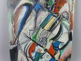 painting of a painting of a man with a guitar on a white background