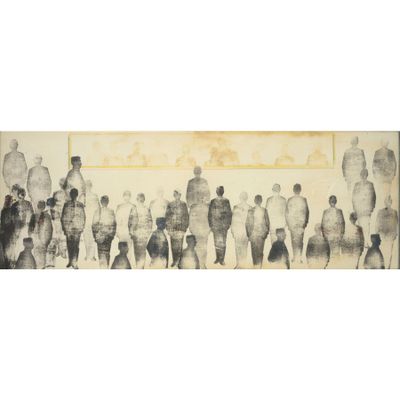 une image représentant un tableau où l'on voit un groupe de personnes debout devant un mur