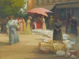 un tableau représentant une femme tenant un parapluie sur un marché