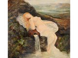 an image of a painting of a woman sitting on a rock next to a stream