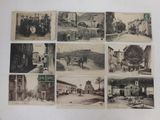 several old black and white photographs of people and buildings in a town