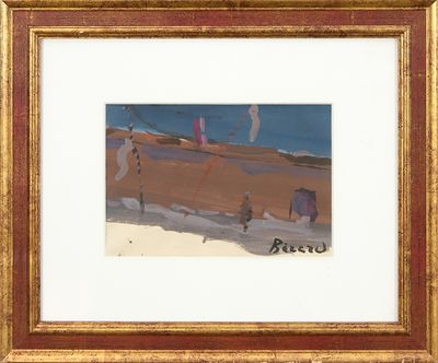 tableau encadré représentant une scène de plage avec des personnes marchant sur le sable