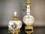 pair of antique porcelain lamps with gold and blue decorations