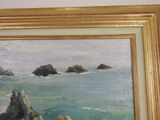 a painting of rocks in the water by the shore
