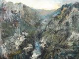 une peinture à l'huile représentant une rivière qui traverse une vallée de montagne