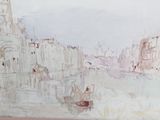 a picture of a painting of a city with a clock tower in the background