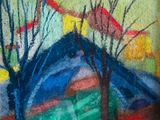 l'image d'une peinture représentant une montagne avec des arbres au premier plan