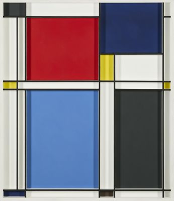 une peinture abstraite composée de carrés et de rectangles rouges, bleus, jaunes et noirs