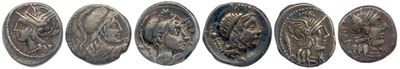 six types différents de pièces d'argent sont représentés sur un fond blanc