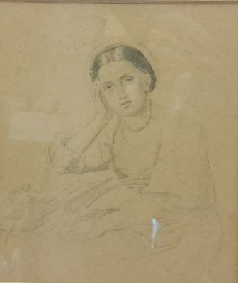 dessin représentant une femme assise sur une chaise, la main posée sur le menton