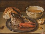 a painting of a fish on a plate next to a bowl of soup