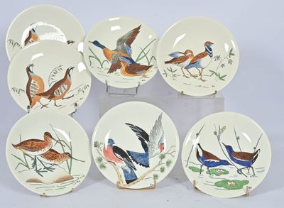 six plates with birds painted on them on display