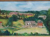 an oil painting of a landscape with a farm and a village in the distance