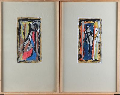 deux tableaux encadrés représentant un couple de personnes se faisant face