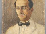 un vieux tableau représentant un homme en costume blanc et nœud papillon