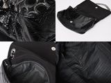a collage of photos of a black purse with a chain