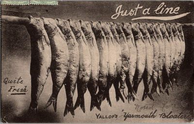 une vieille carte postale représentant une rangée de poissons suspendus à une ligne