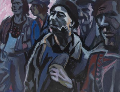 tableau représentant un groupe d'hommes debout les uns à côté des autres