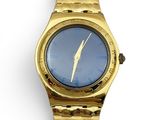 an image of a gold watch with a blue face on a white background