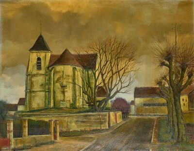 une peinture à l'huile représentant une église surmontée d'un clocher