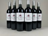 six bottles of red wine lined up in a row on a table