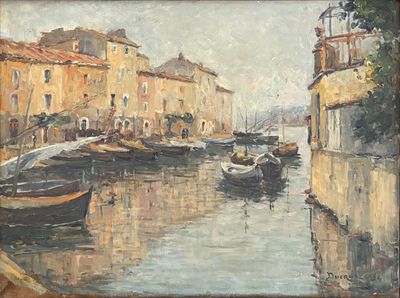 a painting of boats on the water in a harbor