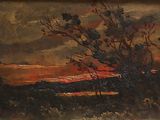 an oil painting of a sunset with a tree in the foreground