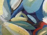 a close up of a painting of flowers on a table