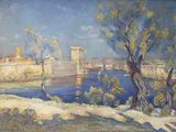 tableau représentant une vue sur une rivière avec un château en arrière-plan