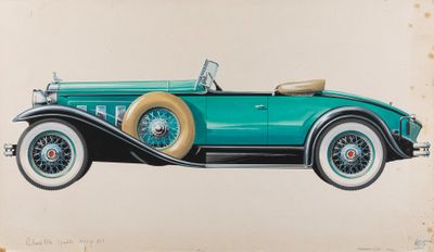 painting of a green car with a tan top and a tan seat