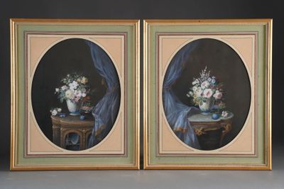 painting of a vase of flowers on a table with a curtain in the background