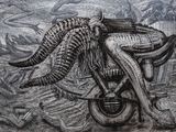 a drawing of an elephant riding a motorcycle in the dirt
