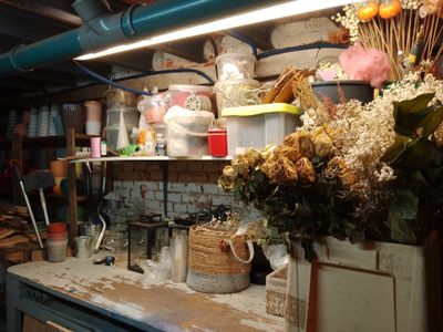 a bunch of flowers on the counter in the kitchen
