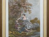 a painting of a woman sitting on a rock next to a river