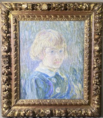 une peinture à l'huile représentant une jeune fille en robe bleue
