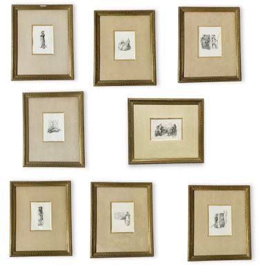 six framed drawings of people on a wall with a white background