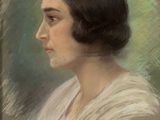 an old painting of a woman in a white dress with a green background