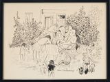 drawing of a man sitting on a horse with a group of children and a dog