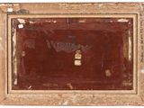 painting of a brown suitcase with writing on it in a wooden frame