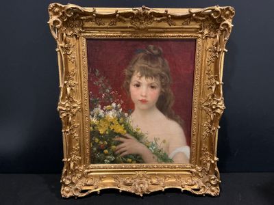 tableau représentant une jeune fille tenant un bouquet de fleurs, dans un cadre doré