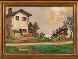 une image représentant un tableau où l'on voit une calèche devant une maison
