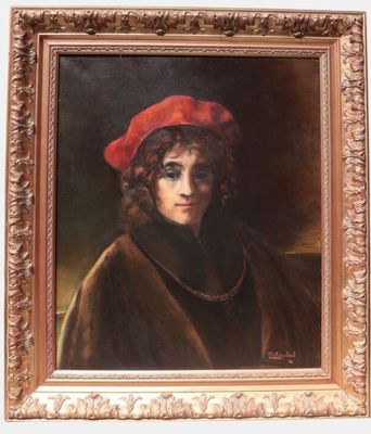portrait d'un homme coiffé d'un chapeau rouge, encadré d'un cadre doré