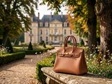 a brown purse sitting on a stone bench in front of a house