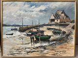 a painting of boats on the beach by the water
