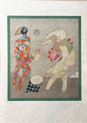 an image of a picture of two clowns playing with a ball