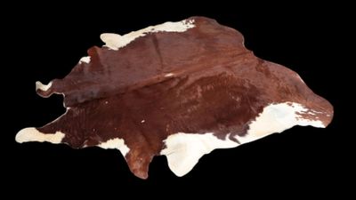 tapis en peau de vache marron et blanche sur fond noir