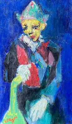 tableau représentant un clown assis sur une chaise, tenant un sac vert