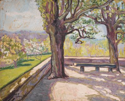 une peinture représentant un banc au milieu d'un parc
