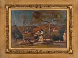 an image of a painting of a man sitting on a bench in a park
