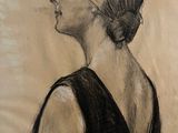 drawing of a woman in a black dress looking to the side